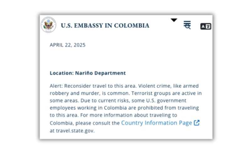 Alerta de viaje de EE. UU. Sobre Nariño –