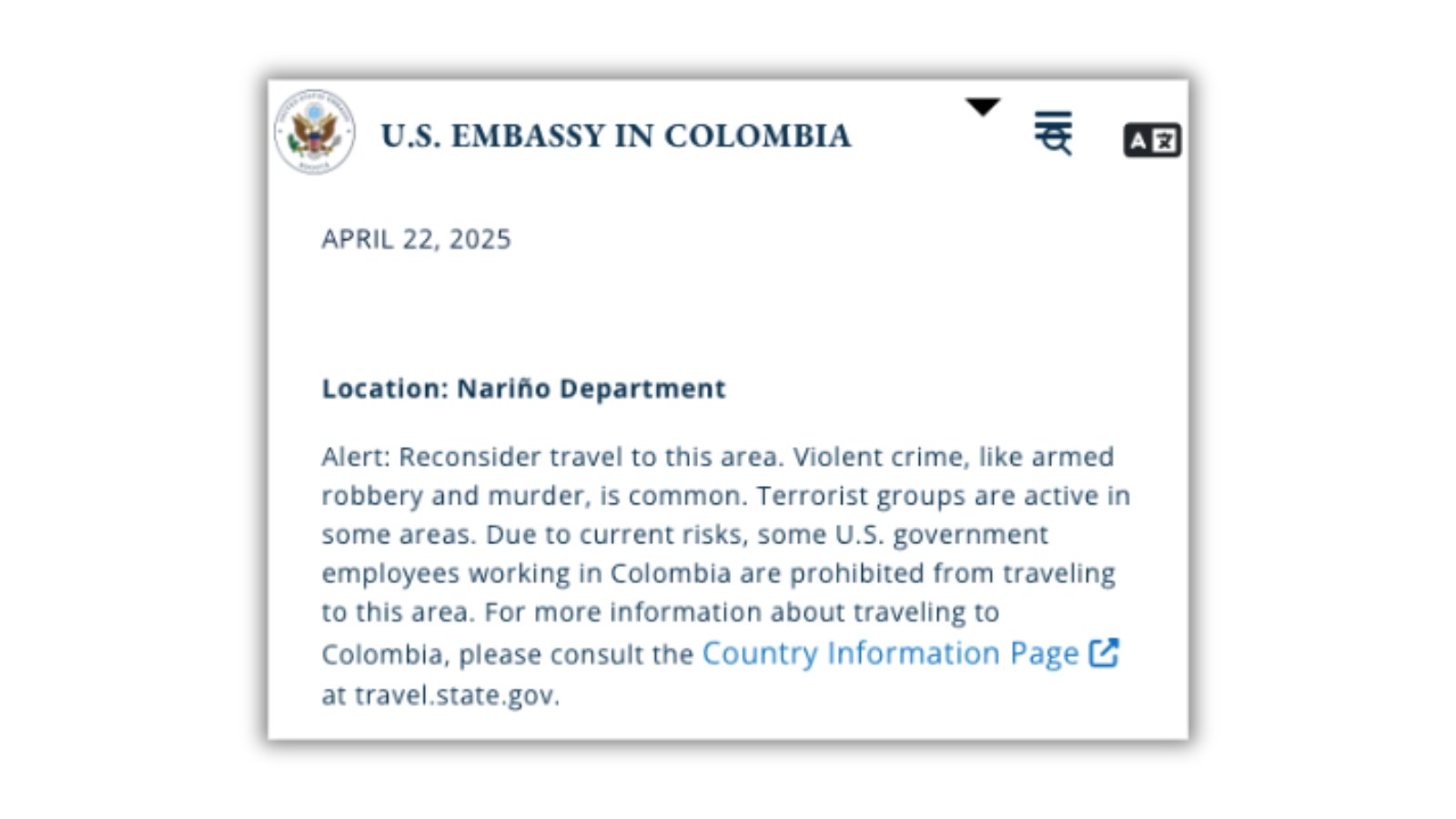Alerta de viaje de EE. UU. Sobre Nariño –
