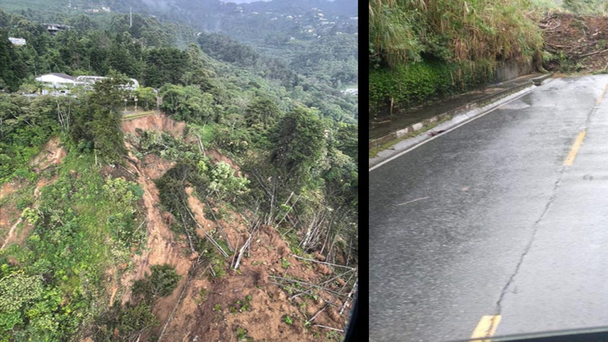 Tierra deslizante enchufe una carretera en la colina del balón