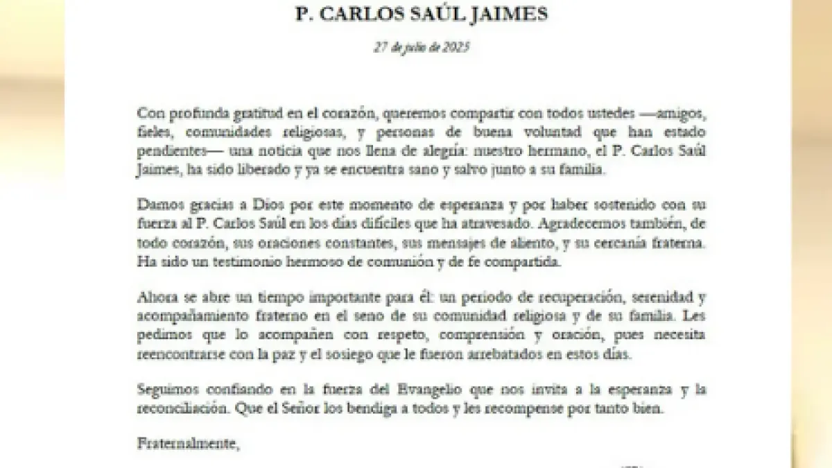 La Orden de San Agustín confirma la liberación del padre Carlos Saúl Jaimes después de 40 días desaparecidos en Viotá

 – Tinta clara