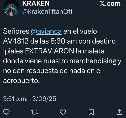 Kraken denuncia la pérdida de su equipaje con comercialización en vuelo de Avianca a Ipiales

 – Tinta clara
