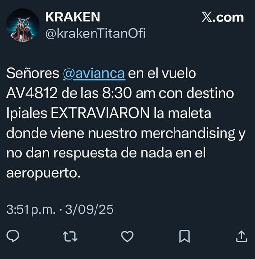 Kraken denuncia la pérdida de su equipaje con comercialización en vuelo de Avianca a Ipiales

 – Tinta clara