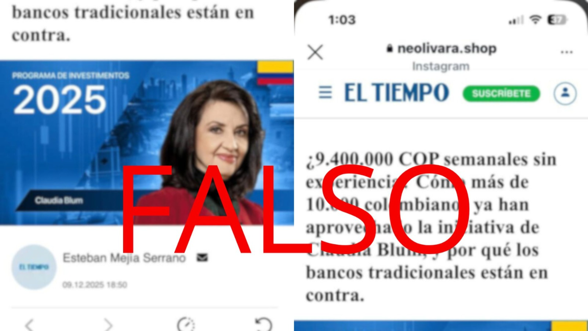Circulan noticias falsas haciéndose pasar por EL TIEMPO y utilizando la imagen de Claudia Blum para promover supuestas ganancias millonarias

 – Tinta clara