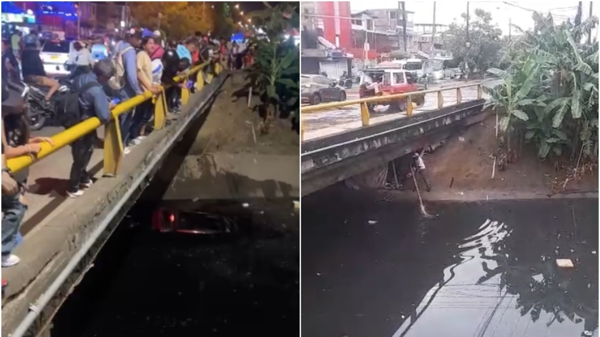 El auto cayó a un canal de aguas residuales en Cuatro Esquinas, en Cali, y la inundación se lo llevó; Las autoridades ya intentan retirar el vehículo.

 – Tinta clara